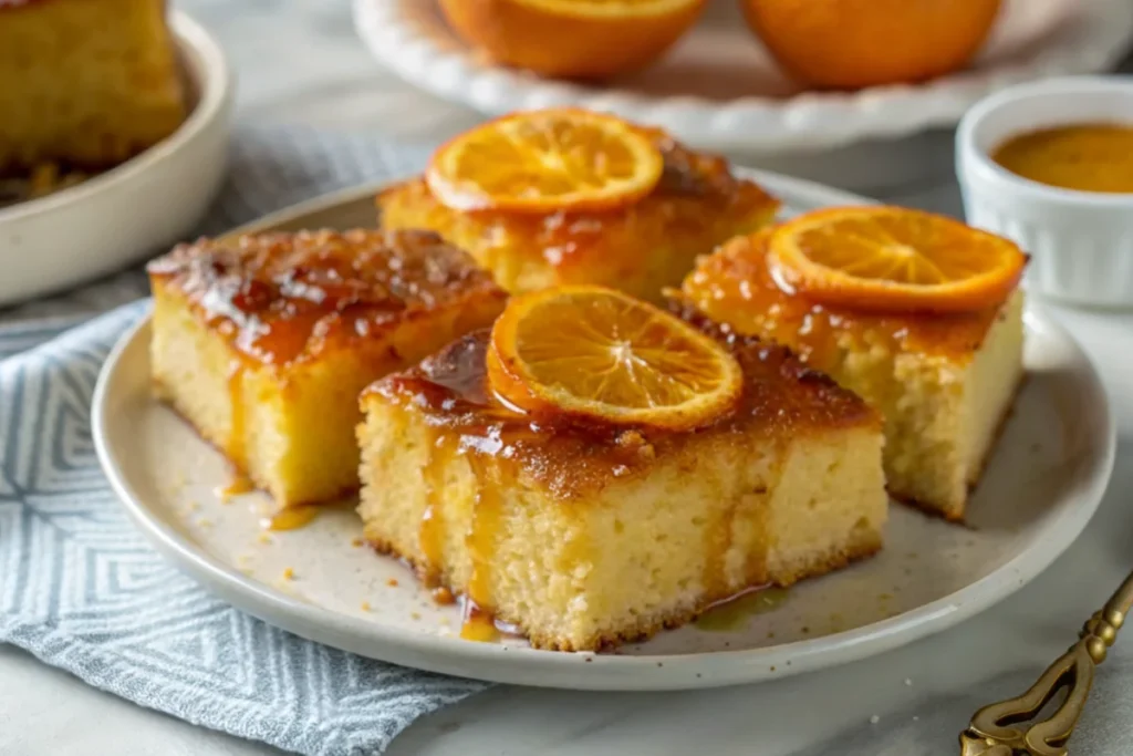 A slice of Portokalopita Cake on a white plate, showing its golden crust and moist, syrup-soaked layers with visible orange zest.