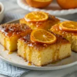 A slice of Portokalopita Cake on a white plate, showing its golden crust and moist, syrup-soaked layers with visible orange zest.