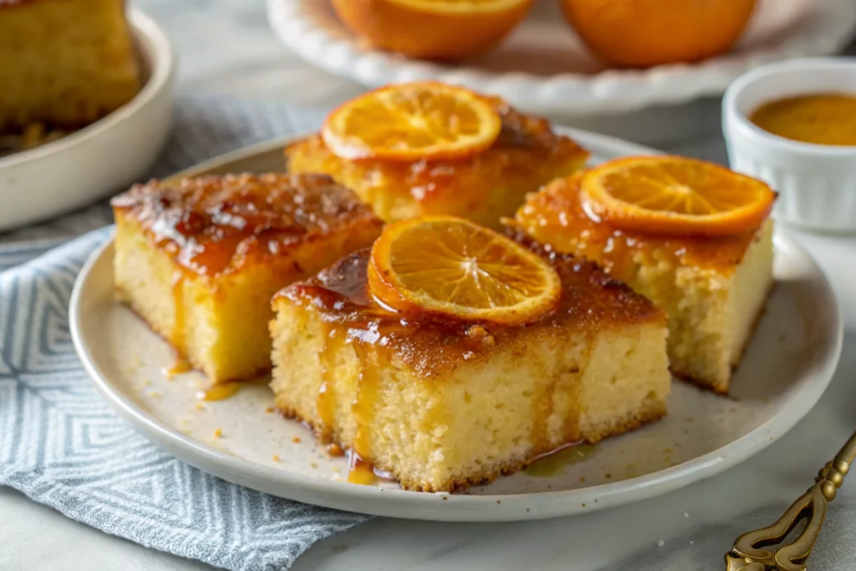 A slice of Portokalopita Cake on a white plate, showing its golden crust and moist, syrup-soaked layers with visible orange zest.