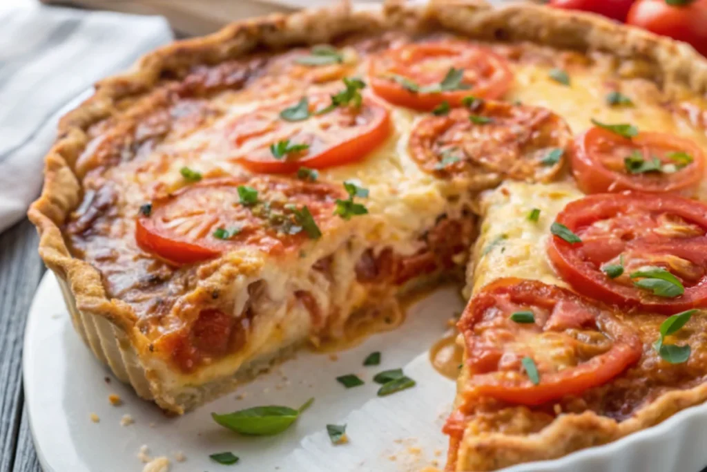 Freshly baked tomato pie with a slice removed, showing melted cheese, juicy tomato layers, and flaky crust on a vintage plate.