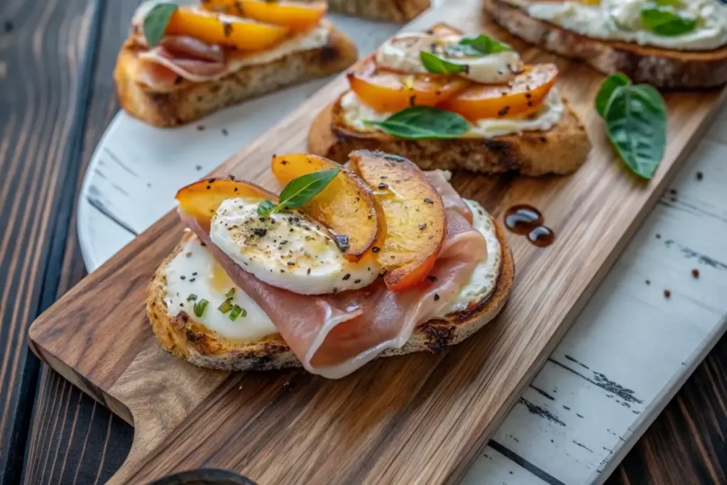 Cheesy Burrata Crostini with Prosciutto and Peaches