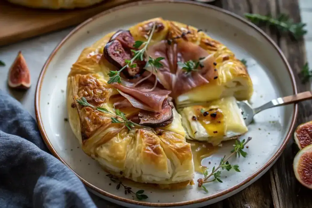 Baked Brie in Puffed Pastry with Honey, Fig, and Prosciutto