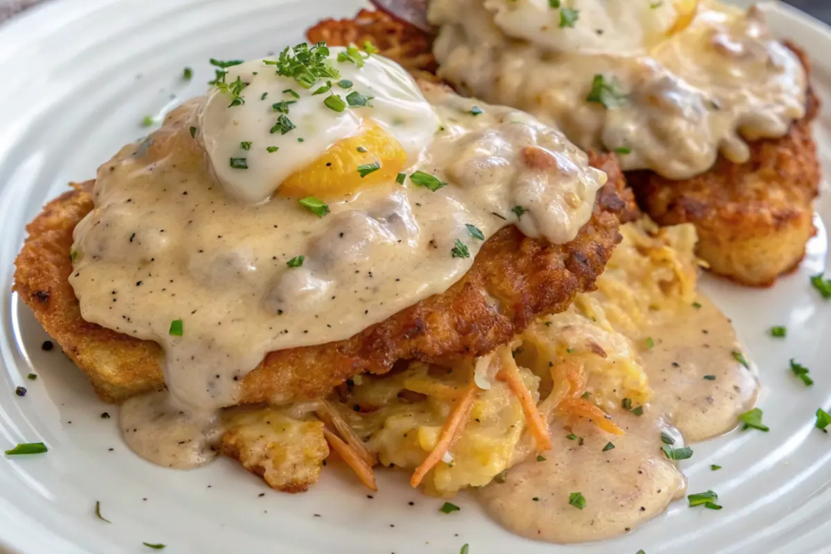 Egg Topped Hash Browns With Chicken Gravy