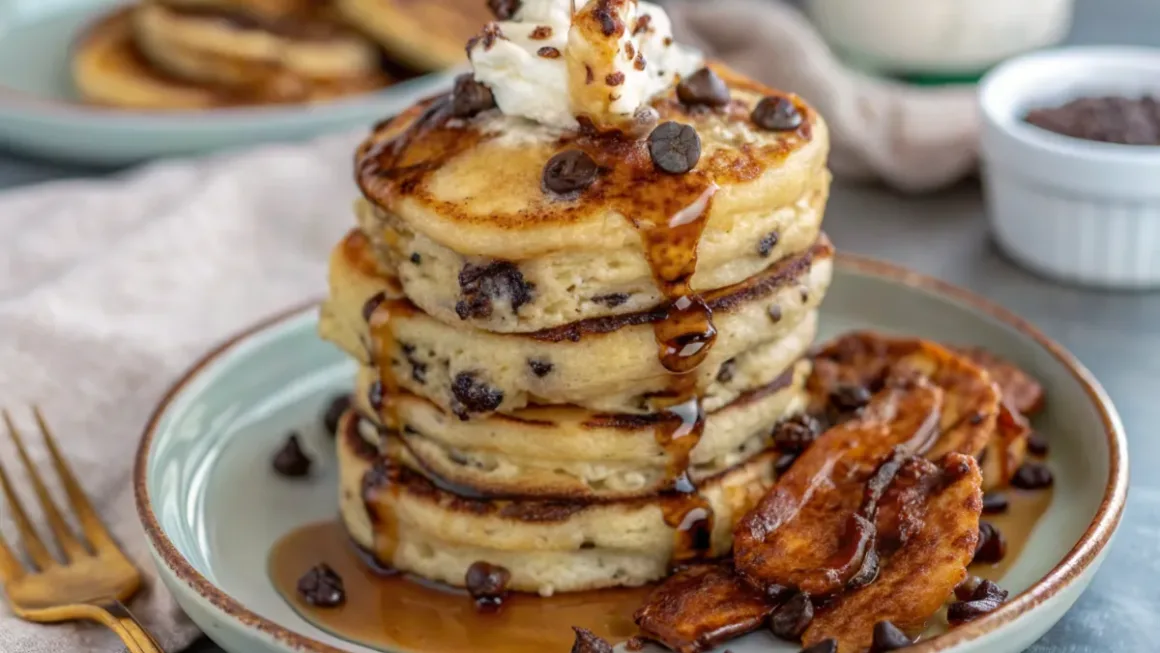 Fluffy Chocolate Chip Pancakes with Drippy Syrup