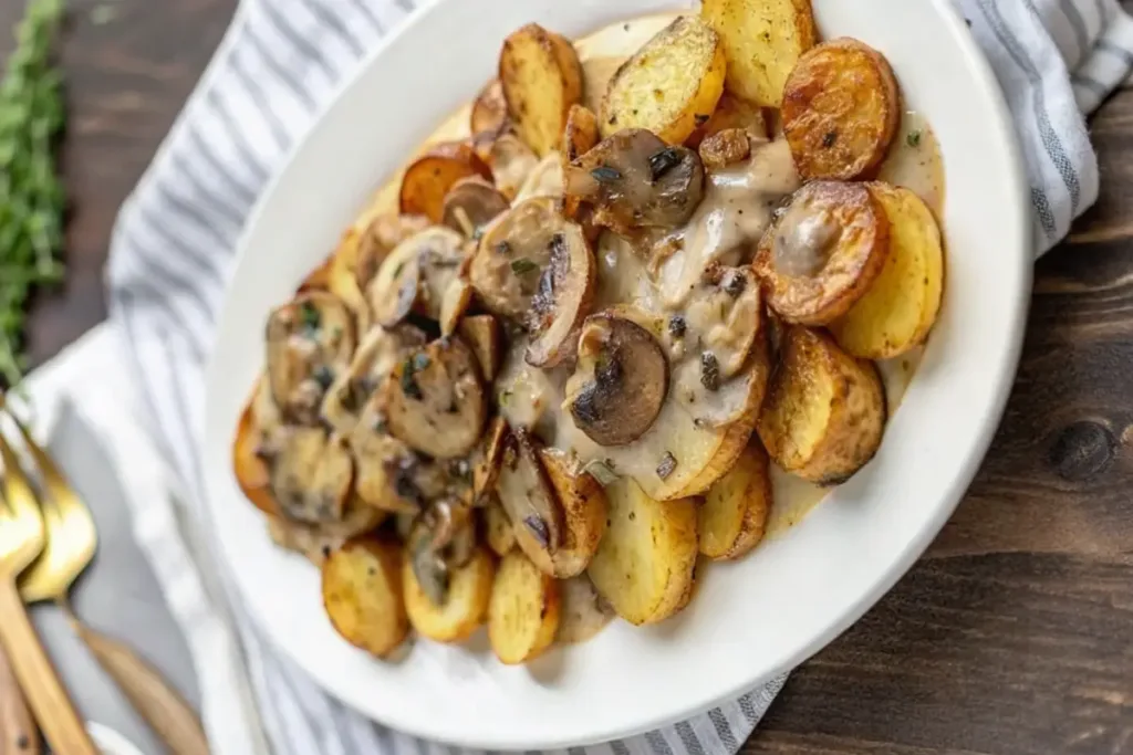 Crispy Roasted Potatoes with Creamy Mushroom Gravy