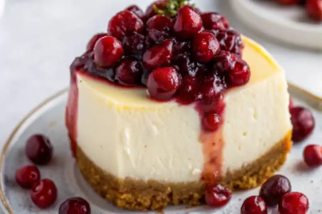 Creamy White Chocolate Cheesecake with Tart Roasted Cranberries