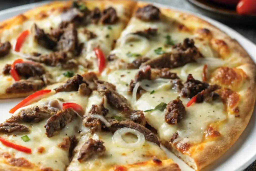 Creamy White Sauce Philly Cheesesteak Pizza with Searing Ribeye