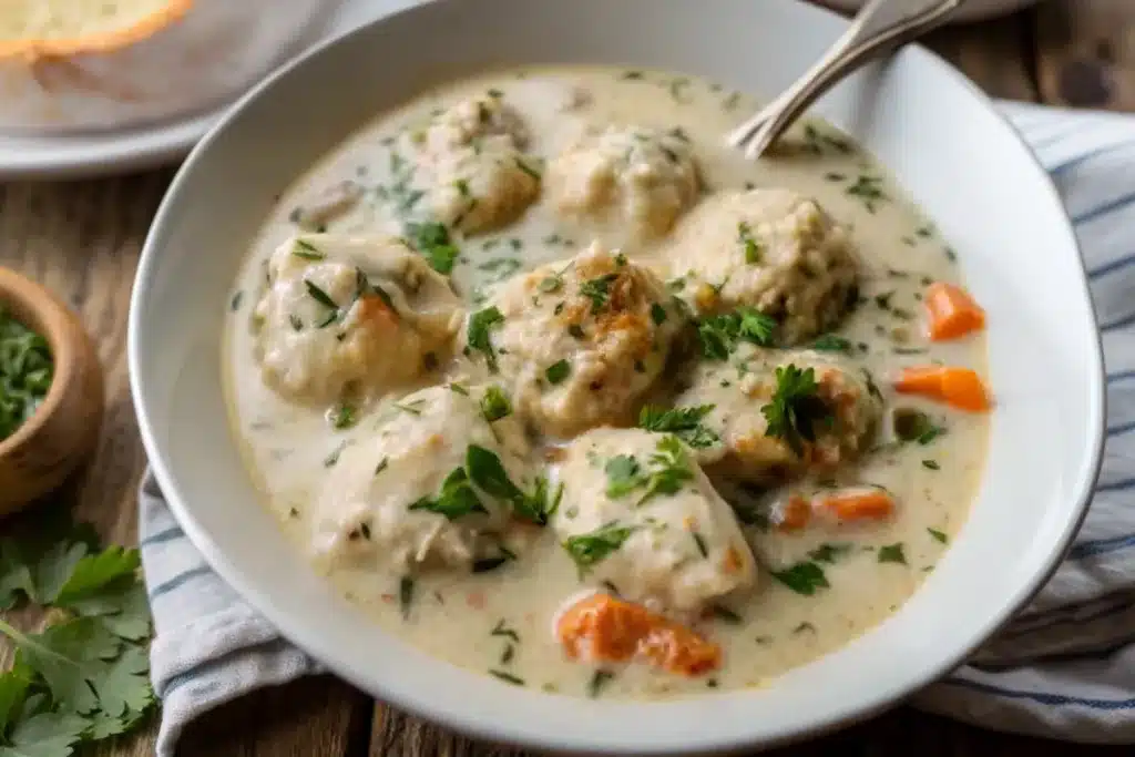 Homemade Chicken and Dumplings in a Creamy Herb Sauce