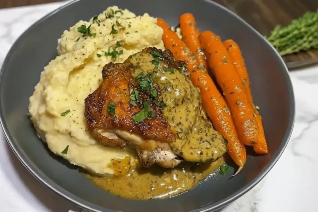 Creamy Mushroom Gravy Chicken with Buttery Mash and Glazed Carrots!