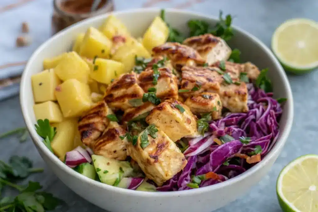 Healthy Grilled Chicken Pineapple Bowl with Purple Cabbage Slaw
