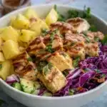 Healthy Grilled Chicken Pineapple Bowl with Purple Cabbage Slaw