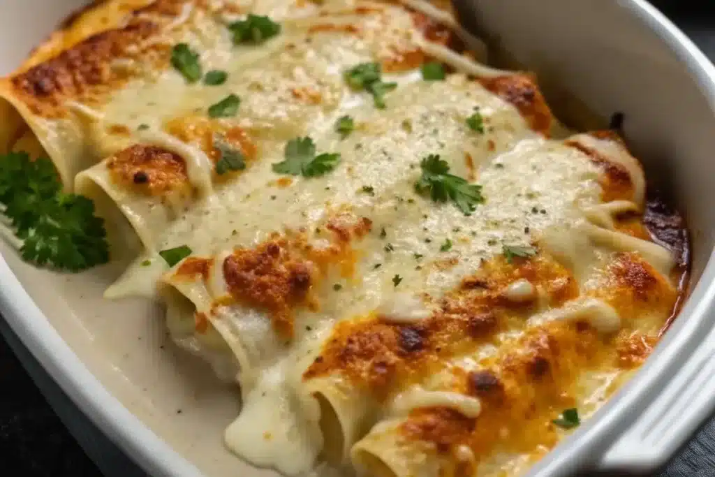 The Secret to the Best Cheesy Baked Enchiladas with Silky White Sauce
