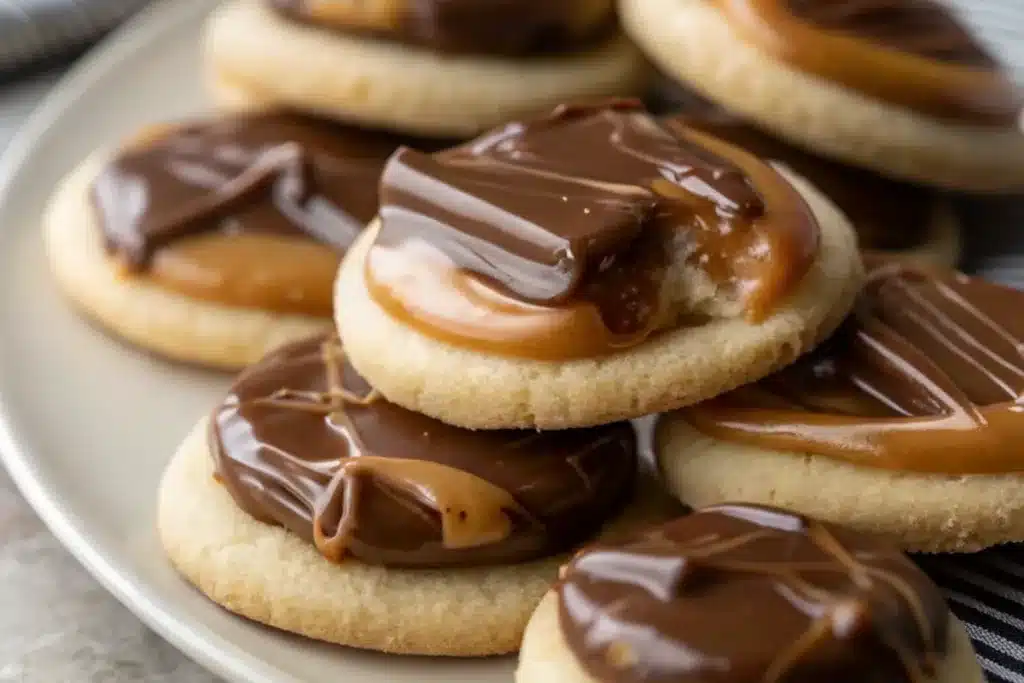 Soft Shortbread Cookies with Caramel and Milk Chocolate