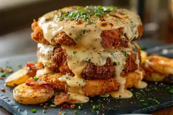 Crispy Southern Fried Chicken Napoleon with Peppery Gravy